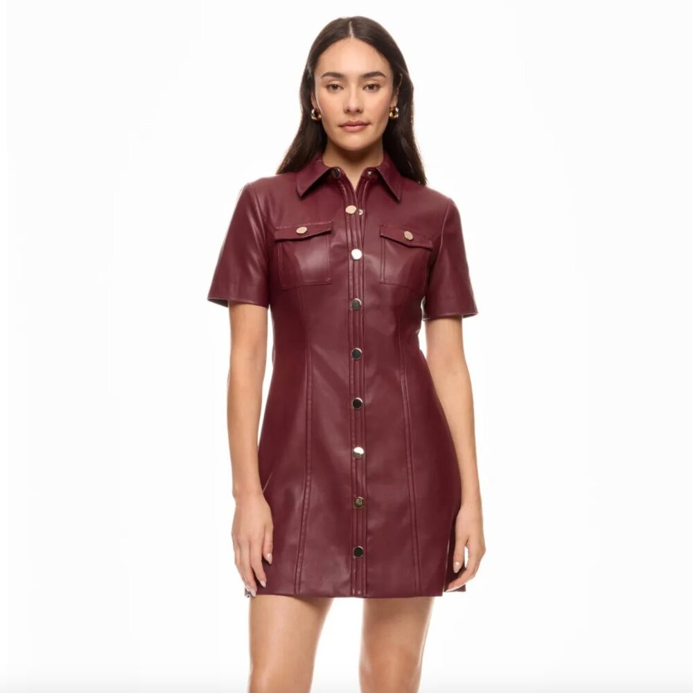 TOCCIN x RTR Faux Leather Short Sleeve Mini Dress in Red Maroon 0 XS